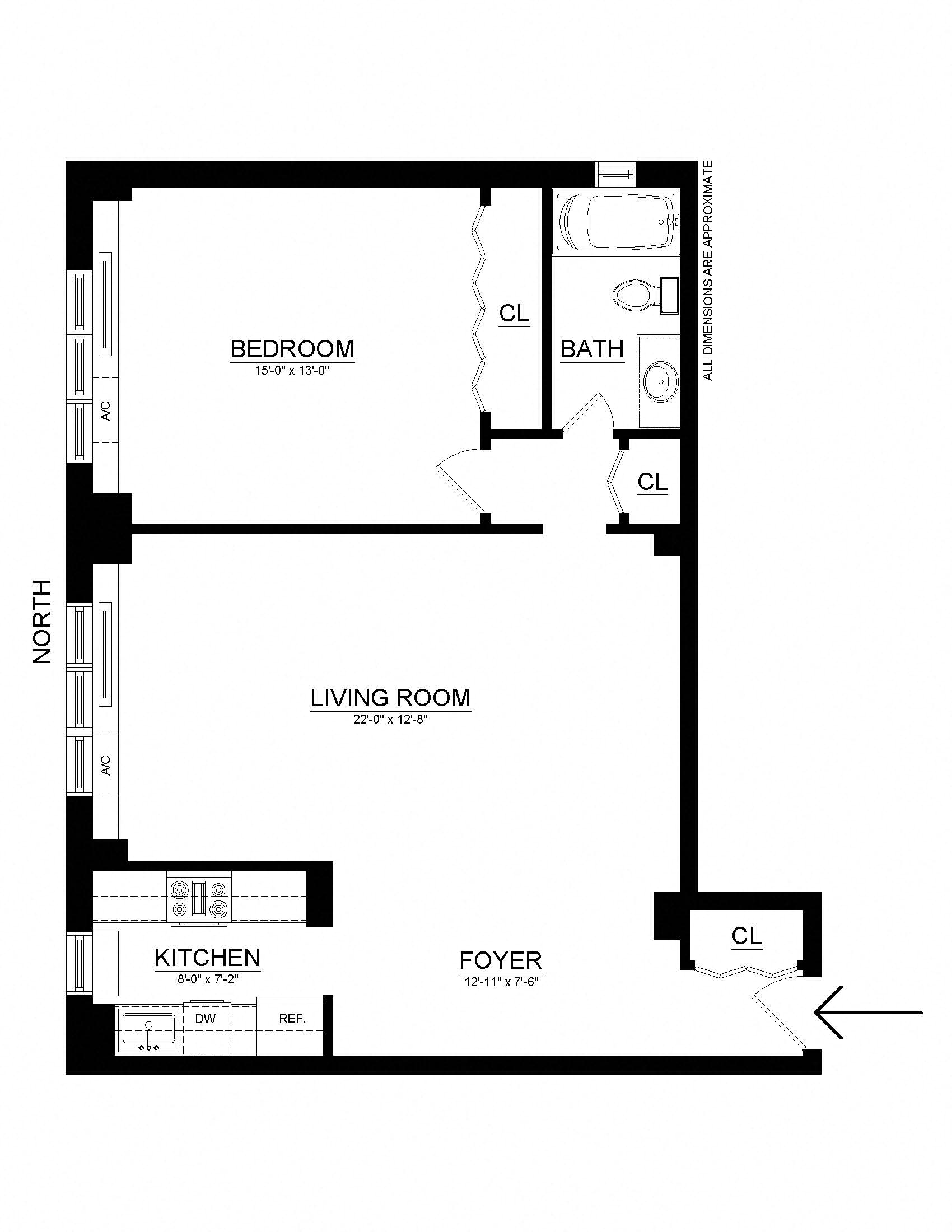 Floor plan for 1 bed, 1 bath, 808 sqft